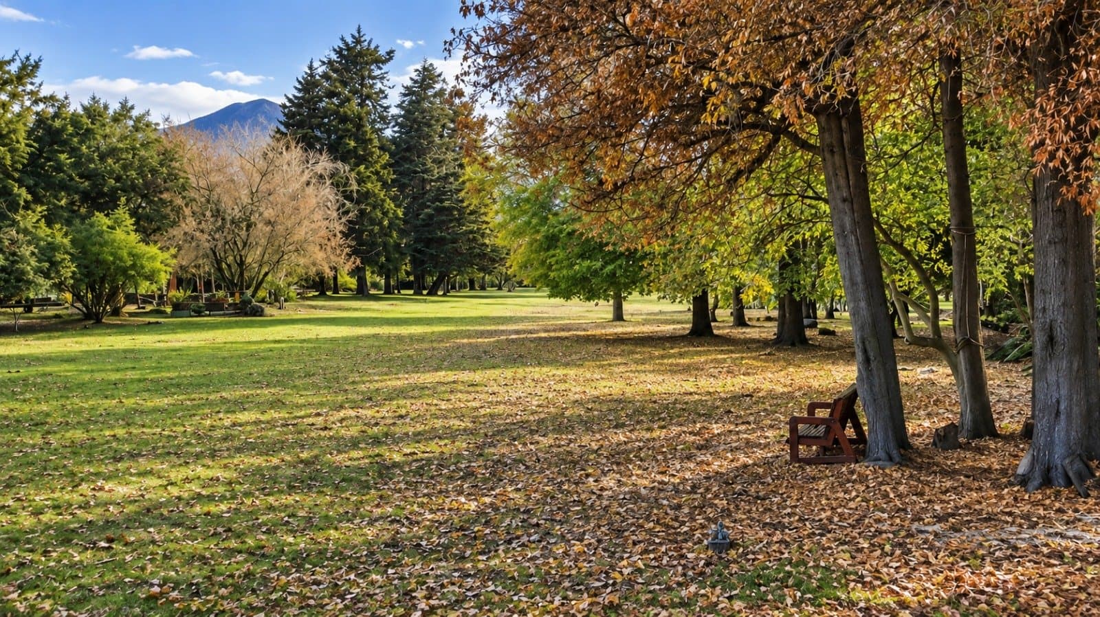 El parque de Puerto Rodante en otoño, con sombra de árboles añosos y la montaña al fondo