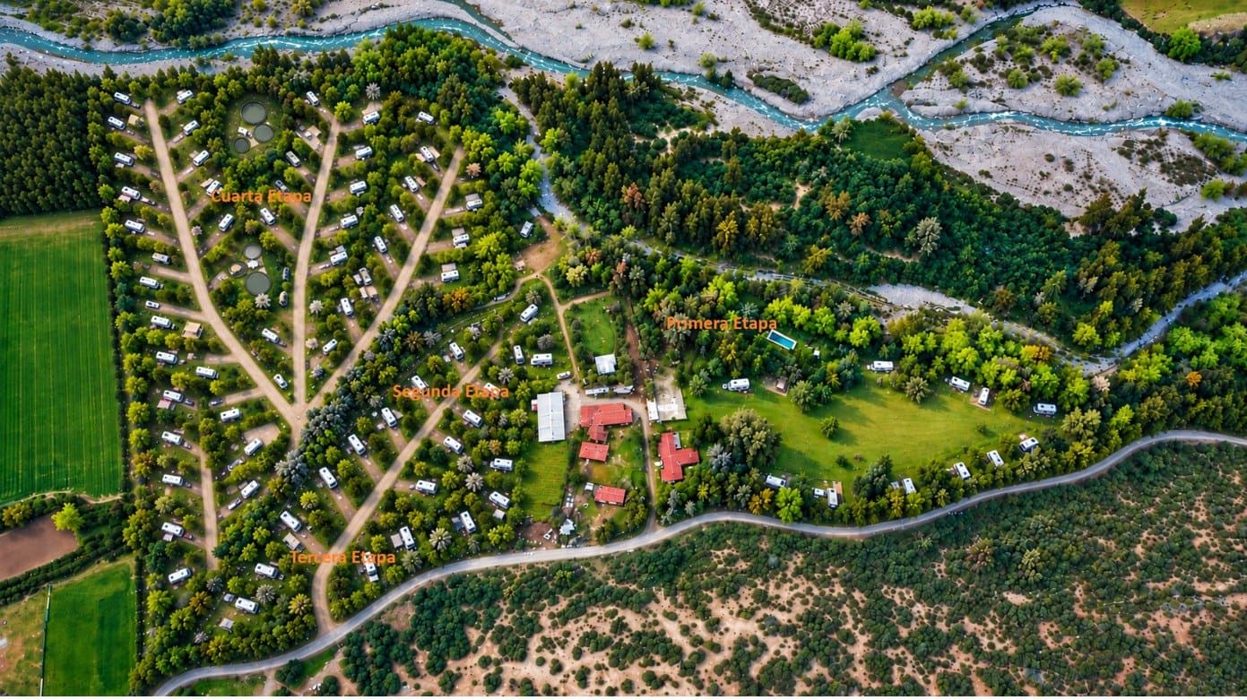 Plan maestro de Puerto Rodante Estero Codegua: vista aérea del predio con las cuatro etapas de desarrollo señaladas y el Sector La Isla como etapa futura